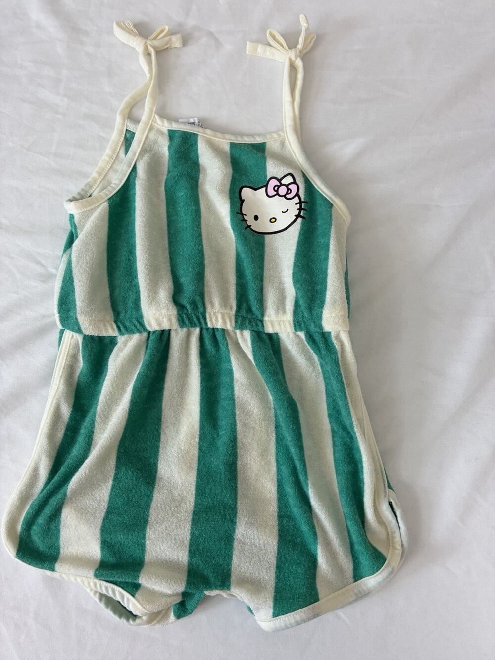Hello Kitty Grayson Mini Romper -4T. Green & White Stripes.